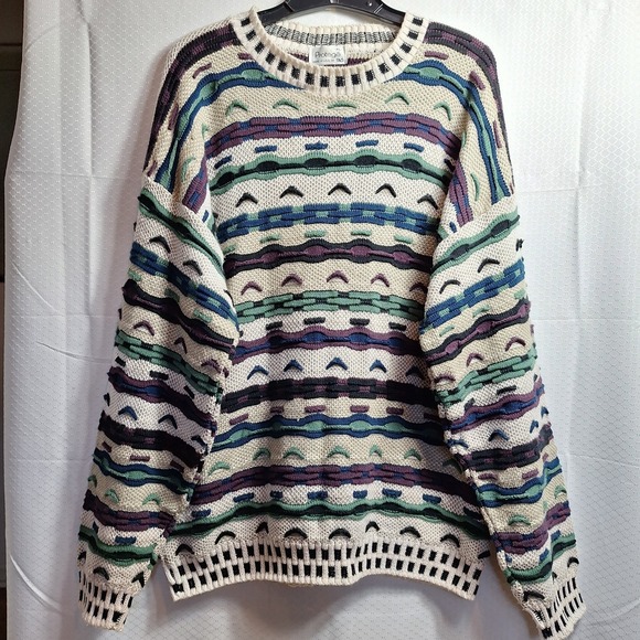 Vtg PROTEGE 3-D Knit Crewneck Sweater Sz XL Multi Cosby Pullover Y2K 90s Hip-Hop - Picture 1 of 7